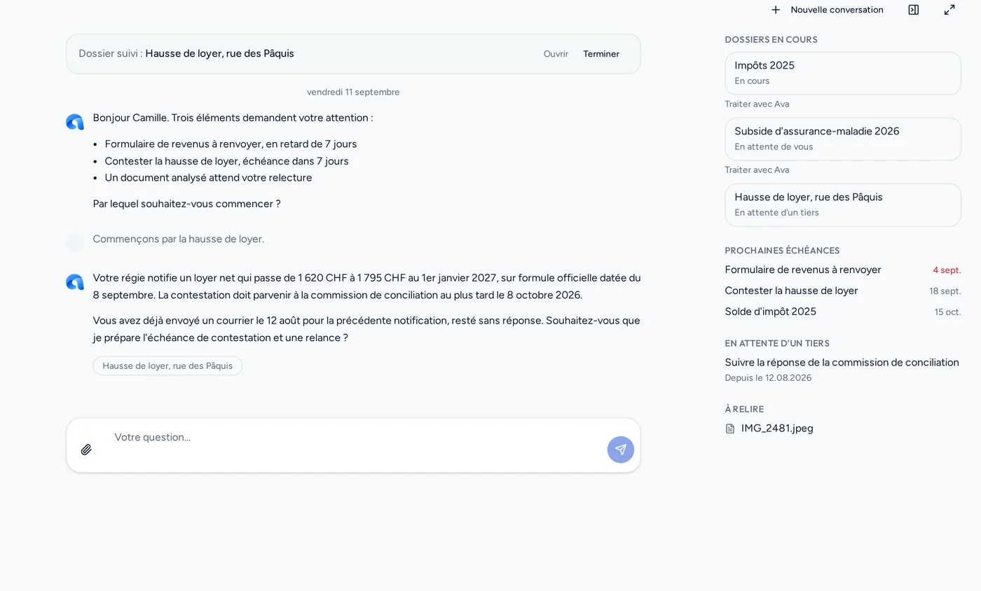 Conversation avec Ava, avec le panneau des dossiers en cours et des prochaines échéances