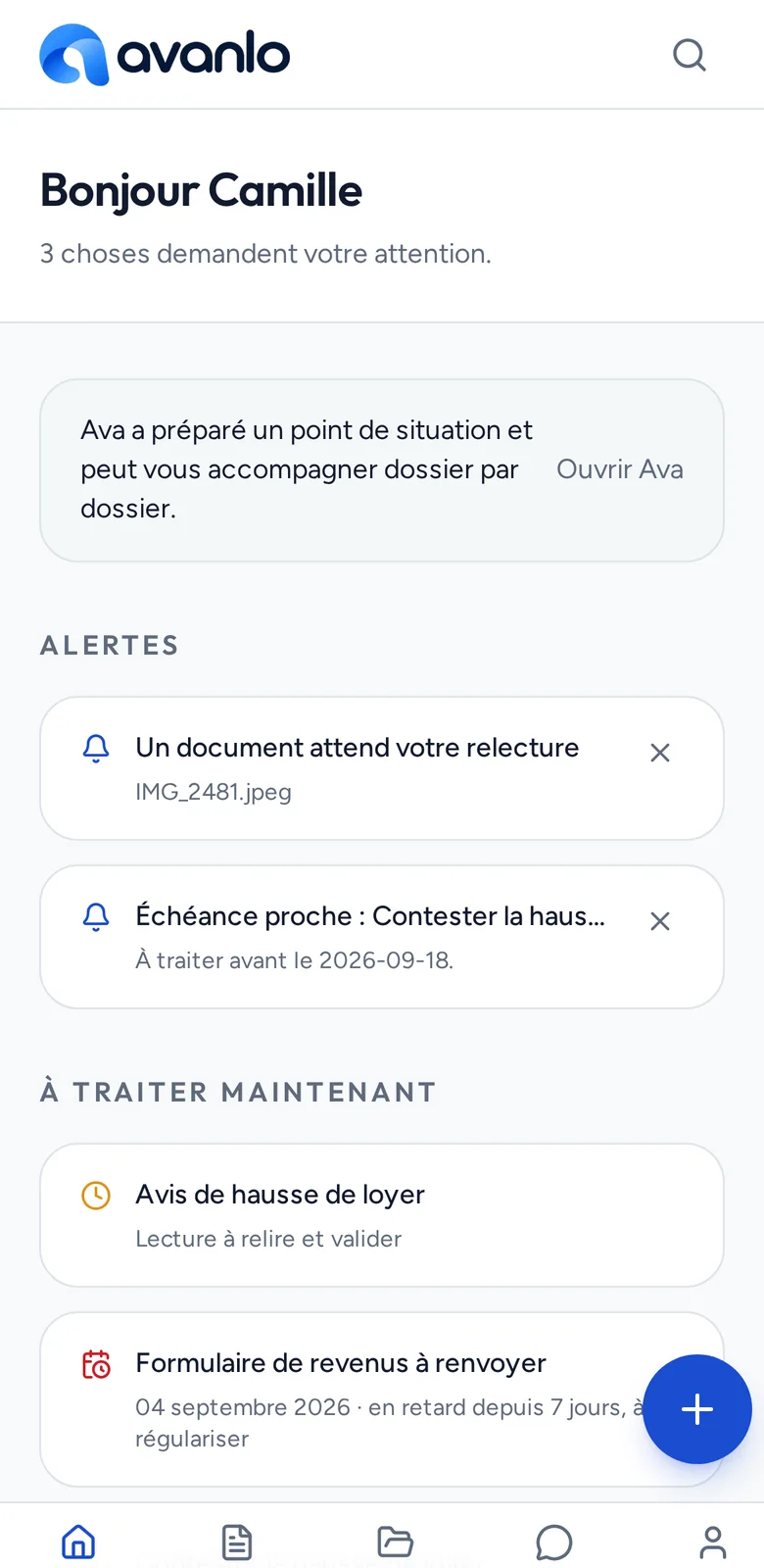 Vue d'accueil d'Avanlo avec les alertes, les échéances proches et les démarches en cours