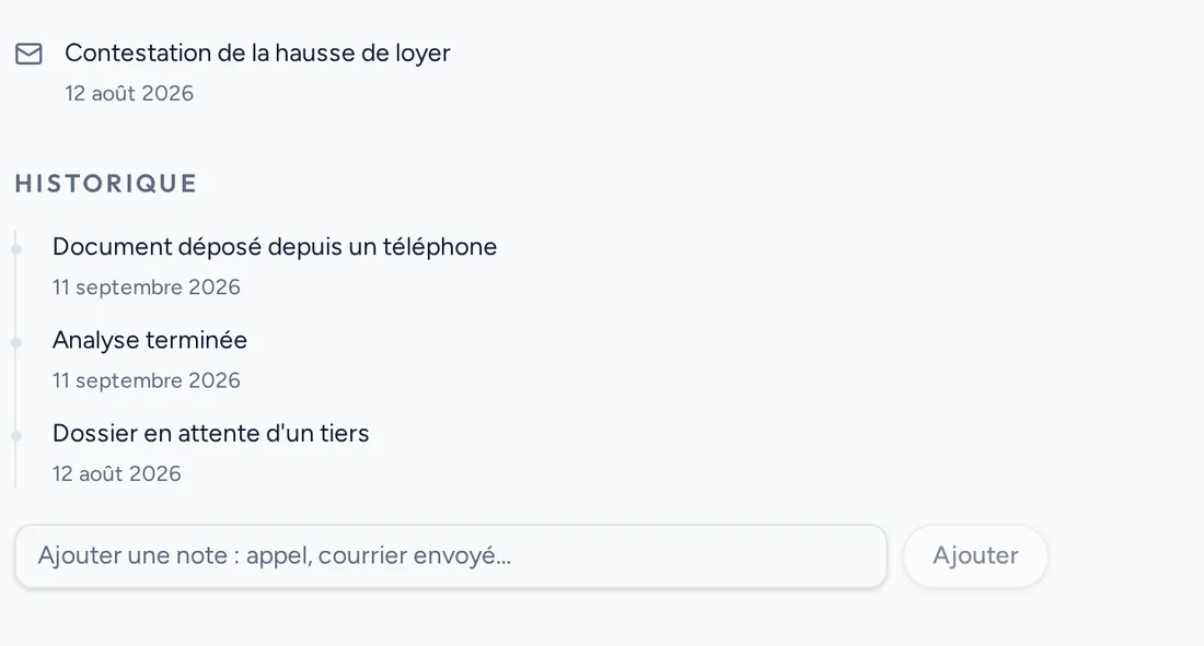 Historique d'un dossier avec les courriers envoyés et les étapes datées